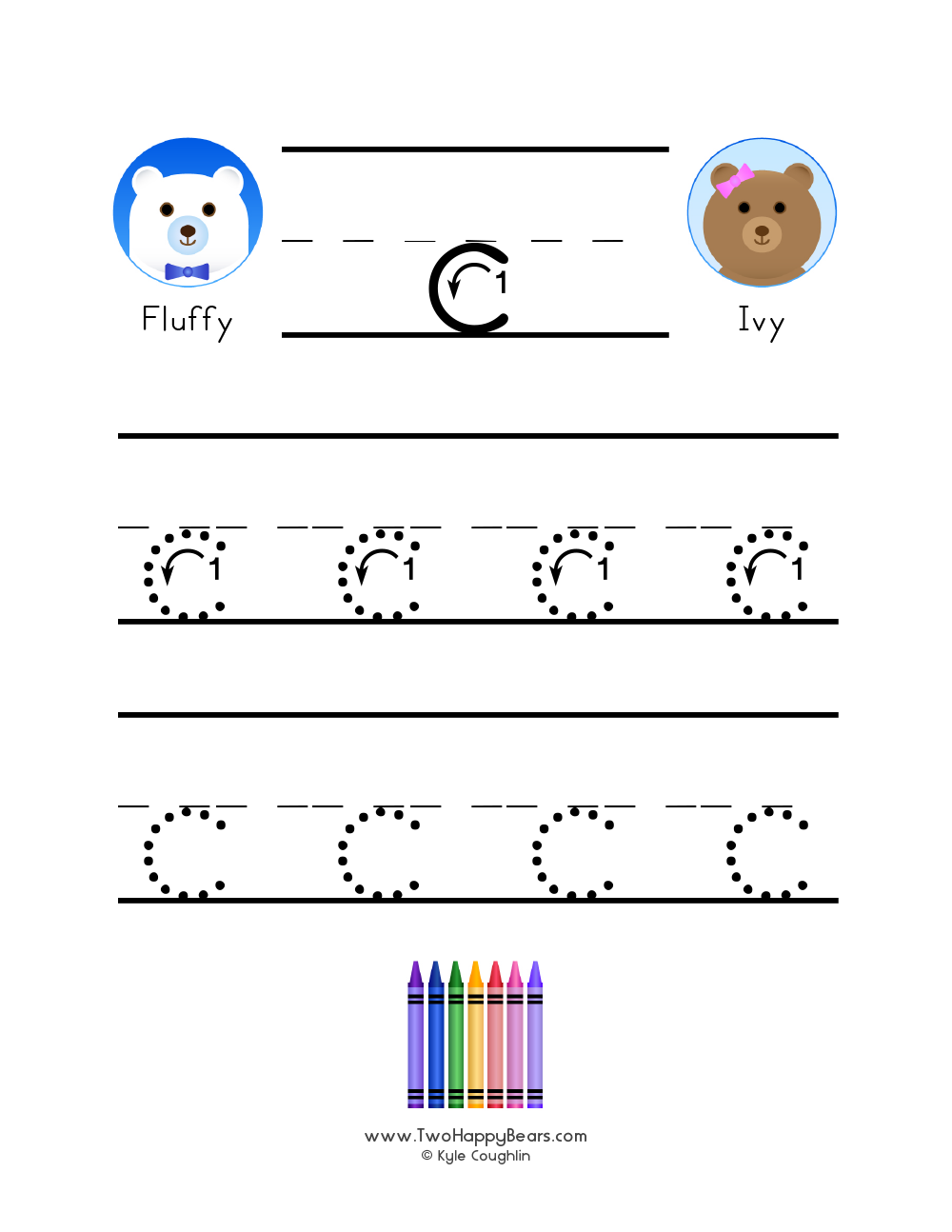 Free printable PDF with lowercase letter C to trace with guided arrows and numbers and the Two Happy Bears.