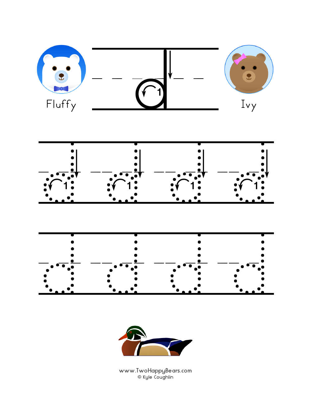 Free printable PDF with lowercase letter D to trace with guided arrows and numbers and the Two Happy Bears.