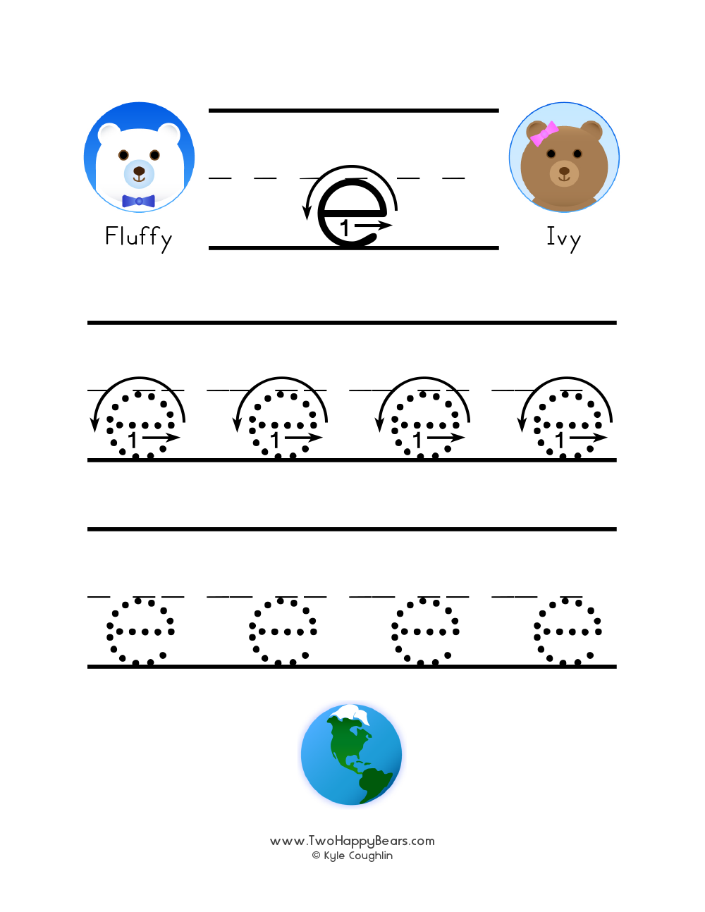 Free printable PDF with lowercase letter E to trace with guided arrows and numbers and the Two Happy Bears.