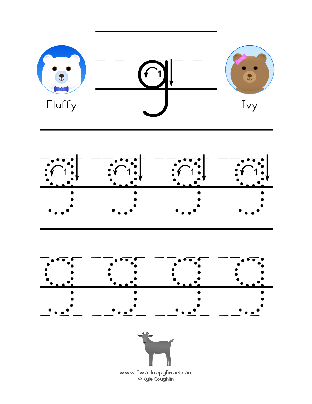 Free printable PDF with lowercase letter G to trace with guided arrows and numbers and the Two Happy Bears.