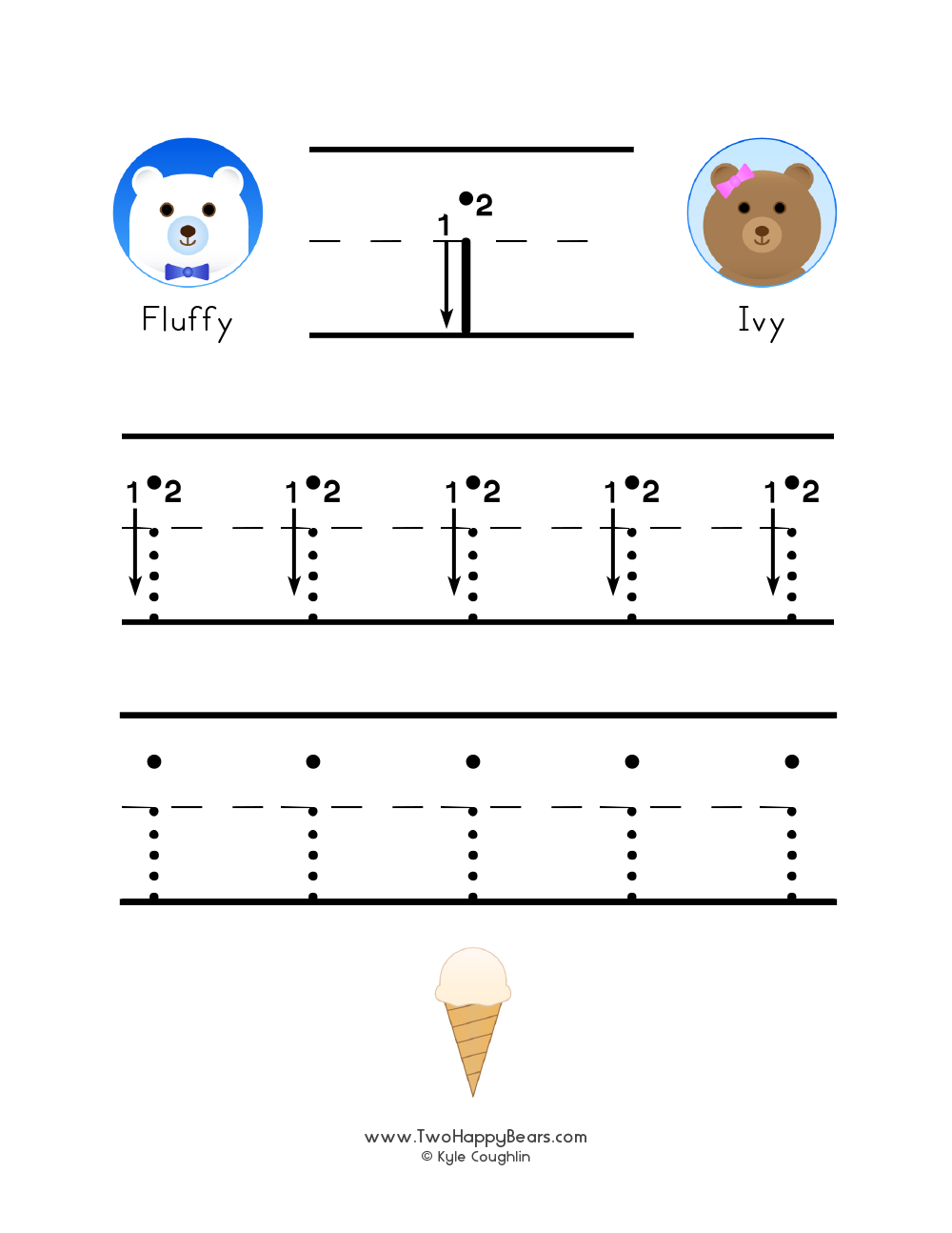 Free printable PDF with lowercase letter I to trace with guided arrows and numbers and the Two Happy Bears.