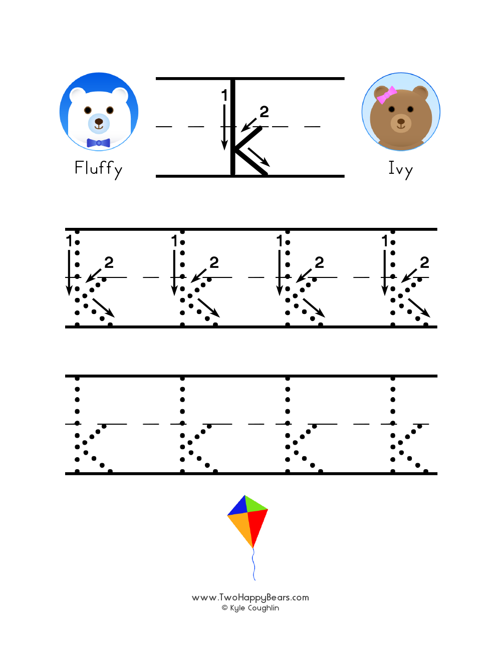 Free printable PDF with lowercase letter K to trace with guided arrows and numbers and the Two Happy Bears.