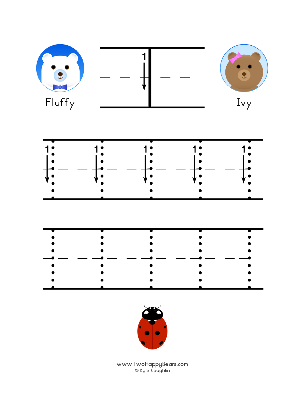 Free printable PDF with lowercase letter L to trace with guided arrows and numbers and the Two Happy Bears.