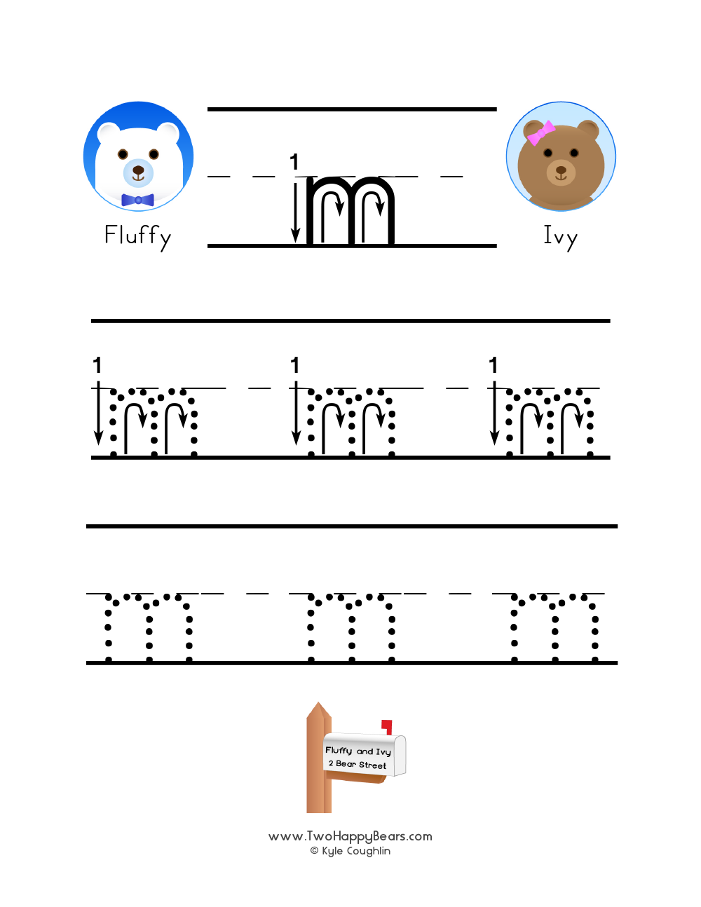 Free printable PDF with lowercase letter M to trace with guided arrows and numbers and the Two Happy Bears.