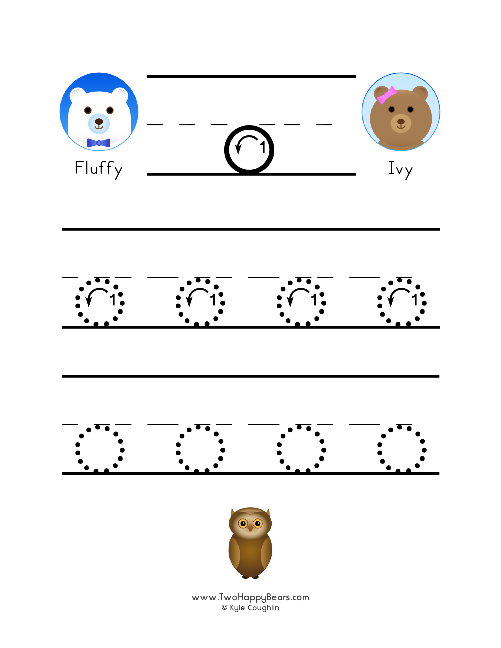 Free printable PDF with lowercase letter O to trace with guided arrows and numbers and the Two Happy Bears.