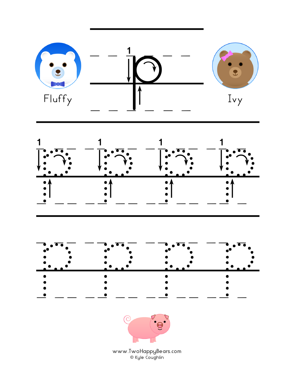 Medium size guided examples of lowercase letters to trace, with color pictures and the Two Happy Bears.