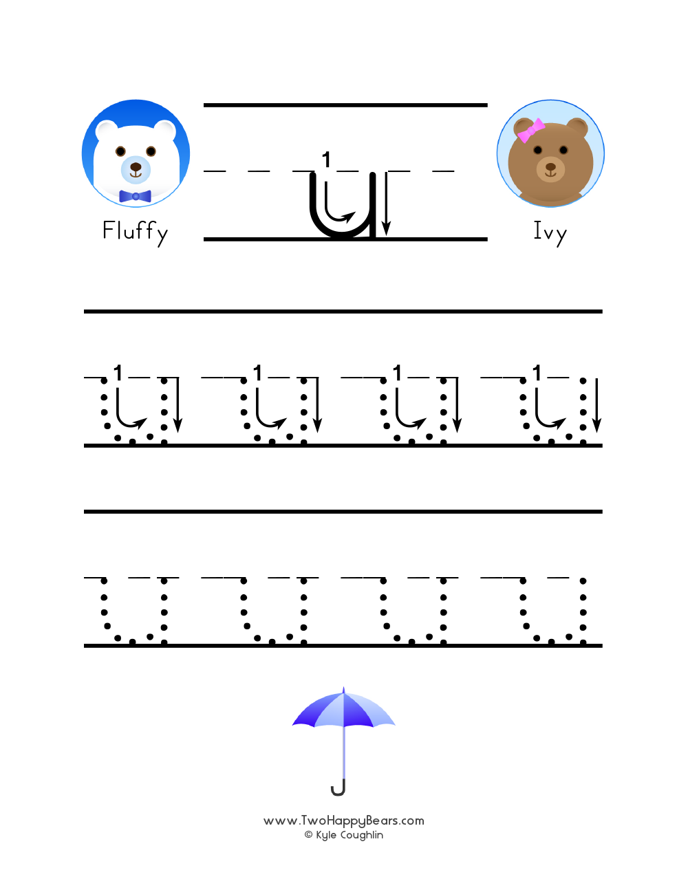 Free printable PDF with lowercase letter U to trace with guided arrows and numbers and the Two Happy Bears.