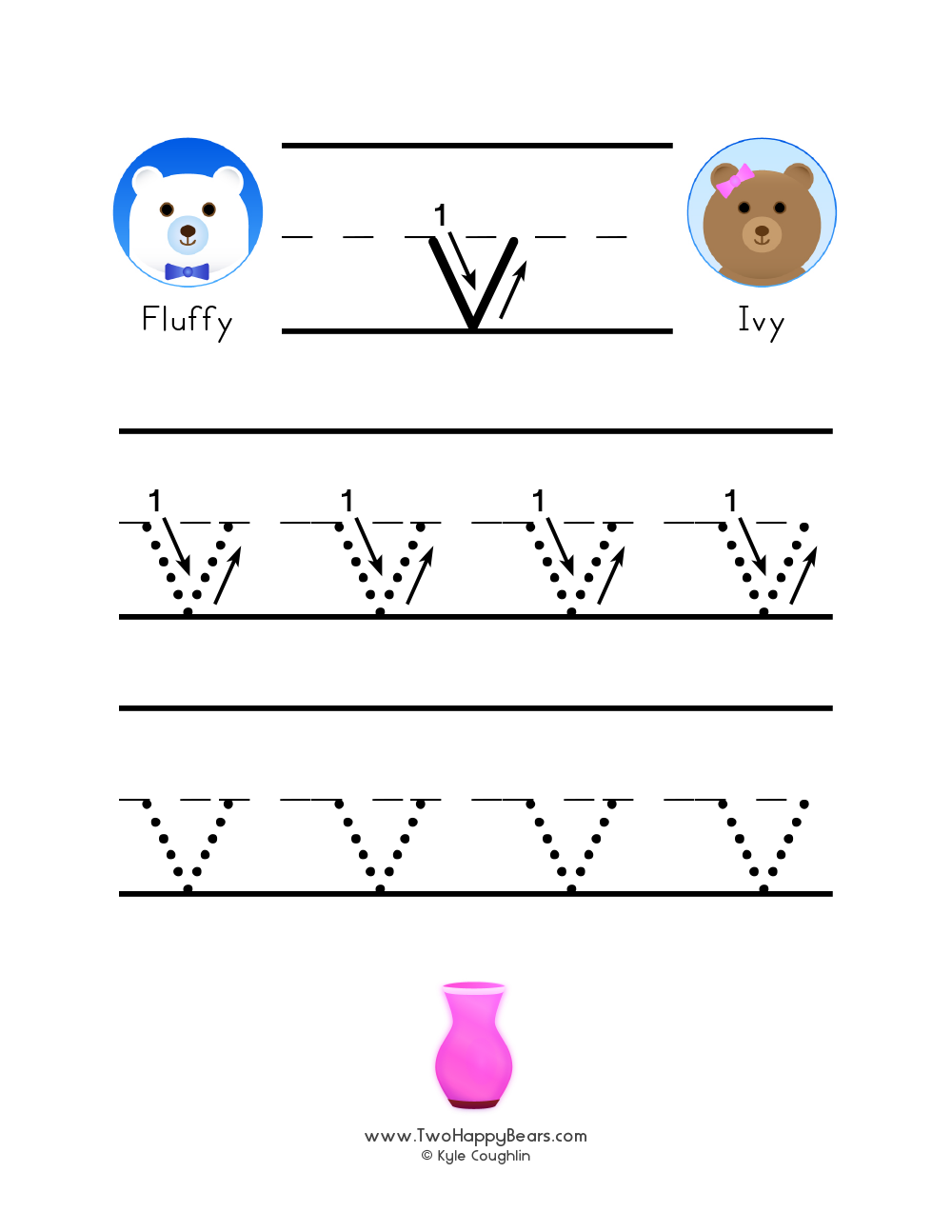 Free printable PDF with lowercase letter V to trace with guided arrows and numbers and the Two Happy Bears.