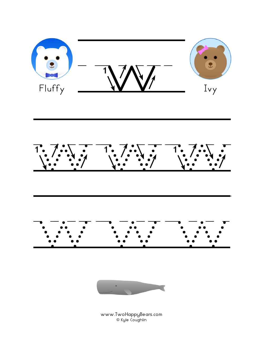 Free printable PDF with lowercase letter W to trace with guided arrows and numbers and the Two Happy Bears.