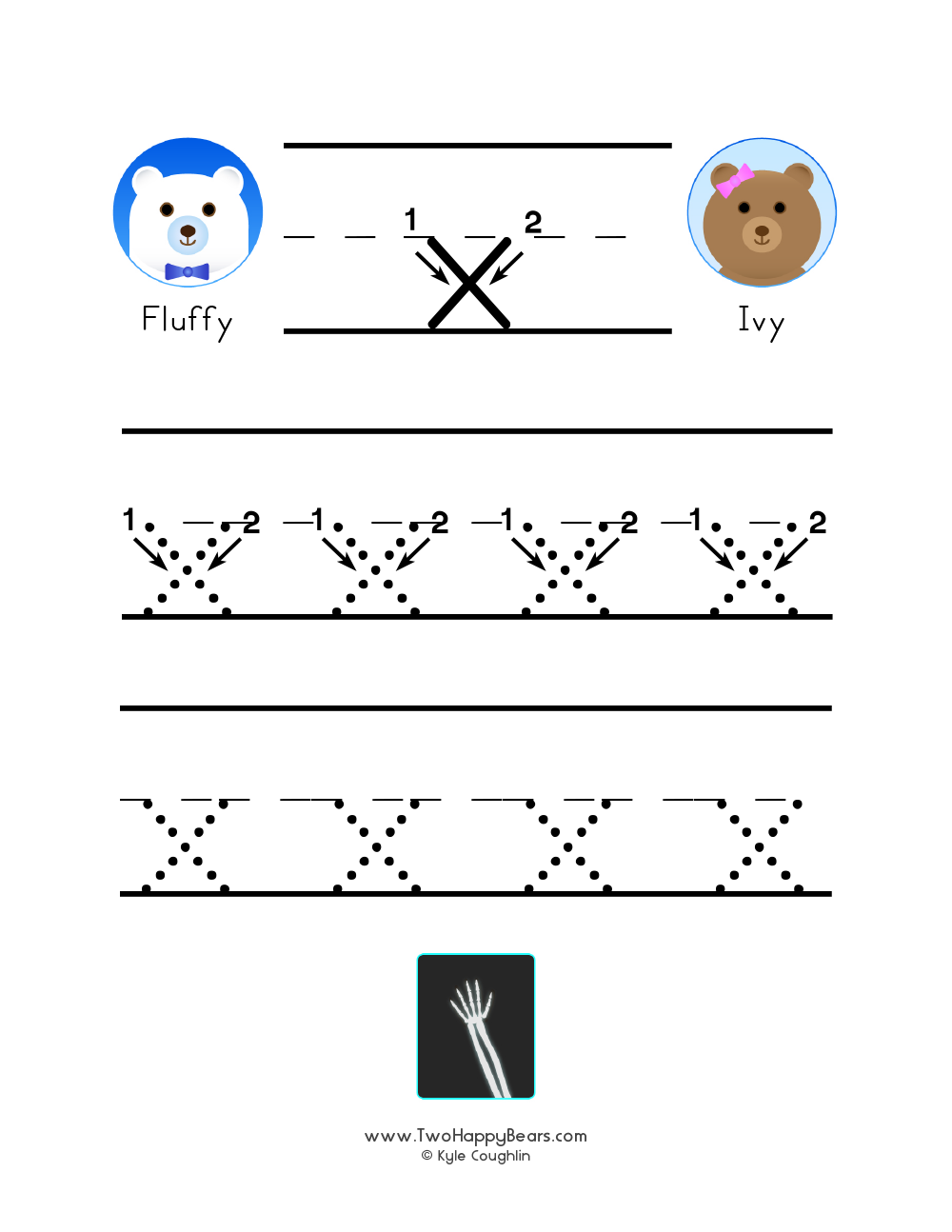 Free printable PDF with lowercase letter X to trace with guided arrows and numbers and the Two Happy Bears.