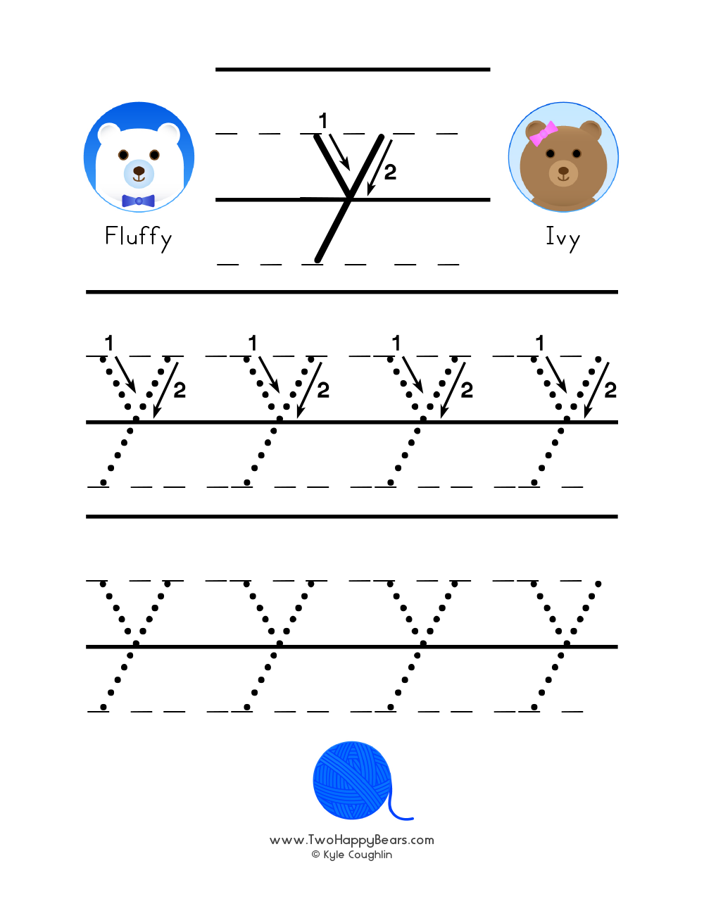 Free printable PDF with lowercase letter Y to trace with guided arrows and numbers and the Two Happy Bears.