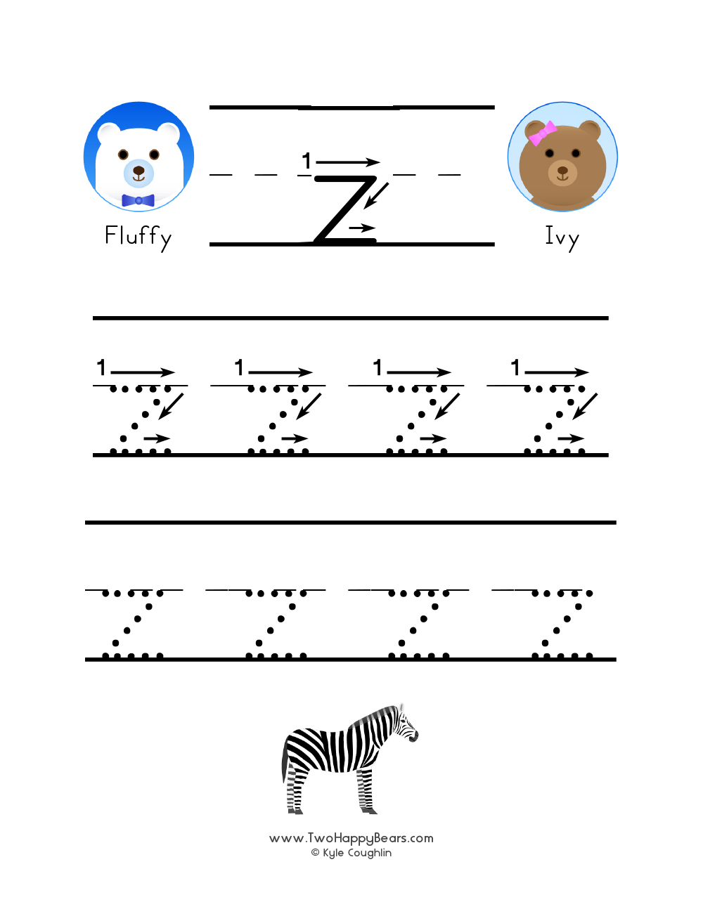 Free printable PDF with lowercase letter Z to trace with guided arrows and numbers and the Two Happy Bears.