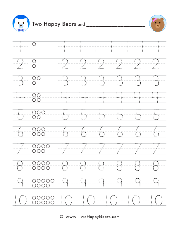 Trace and count the numbers from one to ten, and fill in the circles that represent each number.