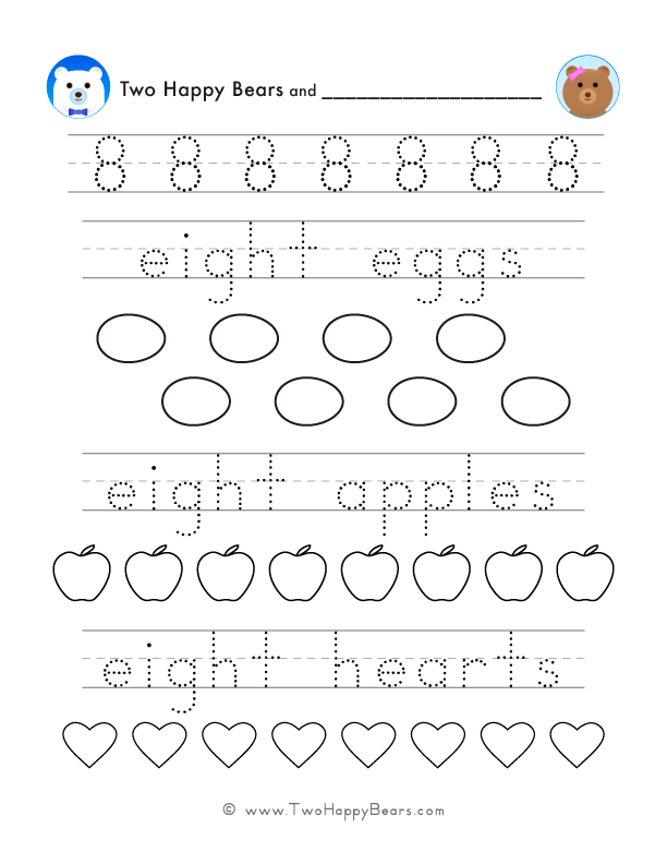 Trace several examples of the number eight, trace words that represent number eight, and color simple images. Free PDF.