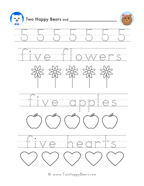 Trace several examples of the number five, trace words that represent number five, and color simple images. Free PDF.