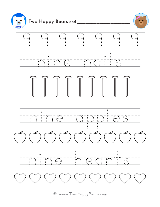 Trace several examples of the number nine, trace words that represent number nine, and color simple images. Free PDF.
