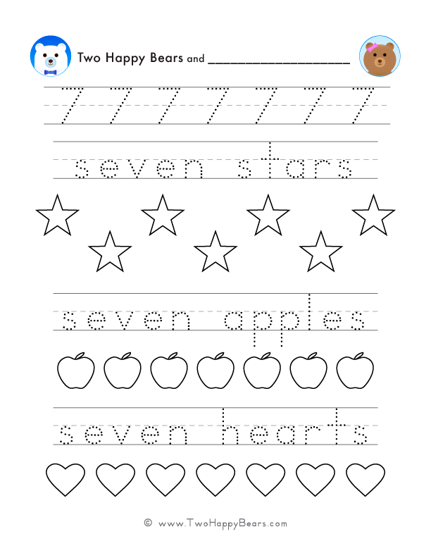Trace several examples of the number seven, trace words that represent number seven, and color simple images. Free PDF.