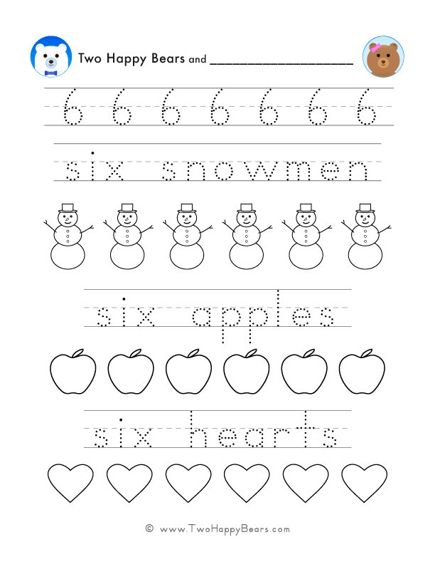 Trace several examples of the number six, trace words that represent number six, and color simple images. Free PDF.