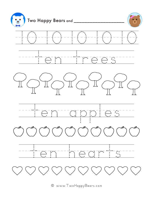 Trace several examples of the number ten, trace words that represent number ten, and color simple images. Free PDF.