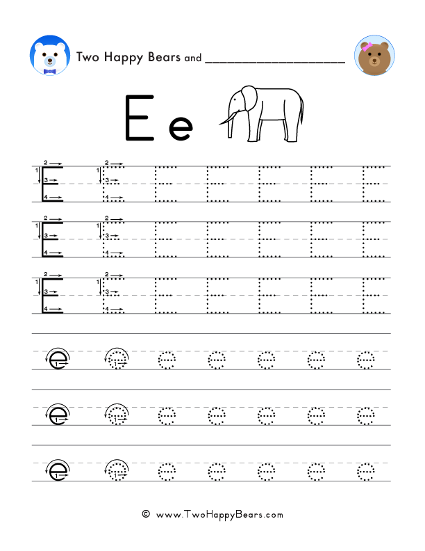 Trace the letter E, uppercase and lowercase. Six lines of guided arrows and follow-the-dots.