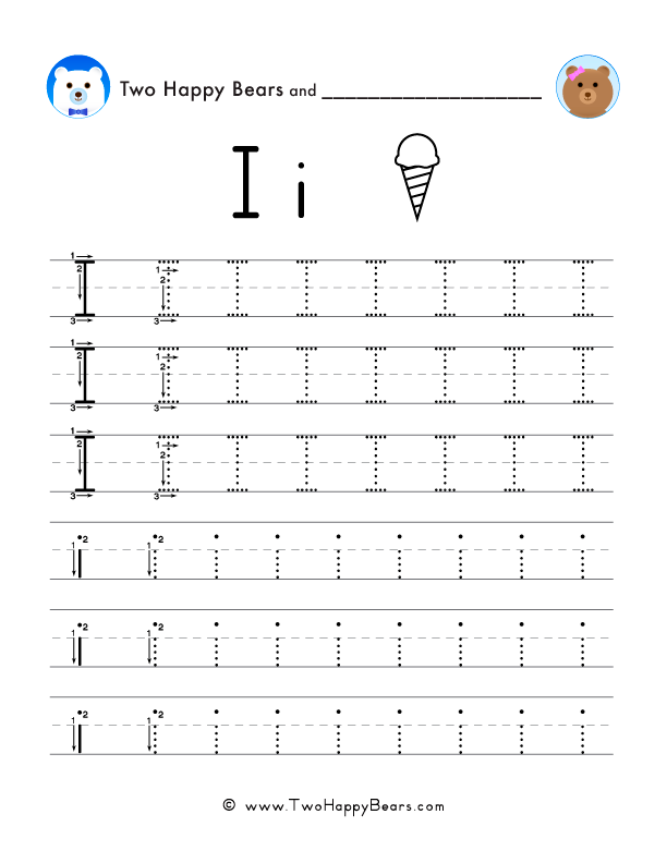 Free printable PDF worksheet to trace the letter I in uppercase and lowercase.