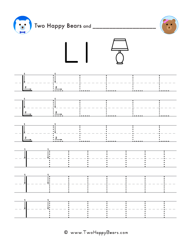 Free printable PDF worksheet to trace the letter L in uppercase and lowercase.