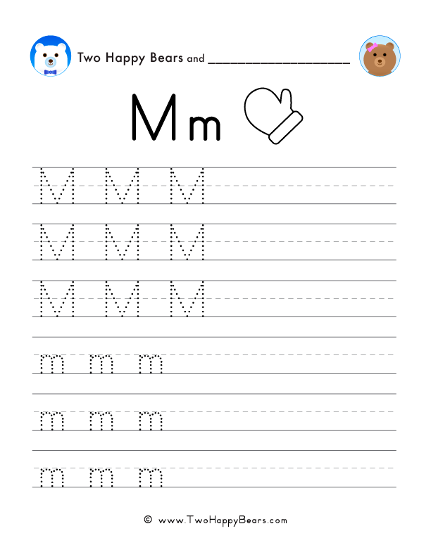 Tracing and writing worksheets for the letter M, for preschool and kindergarten.