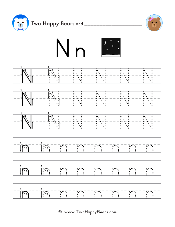 Free printable PDF worksheet to trace the letter N in uppercase and lowercase.