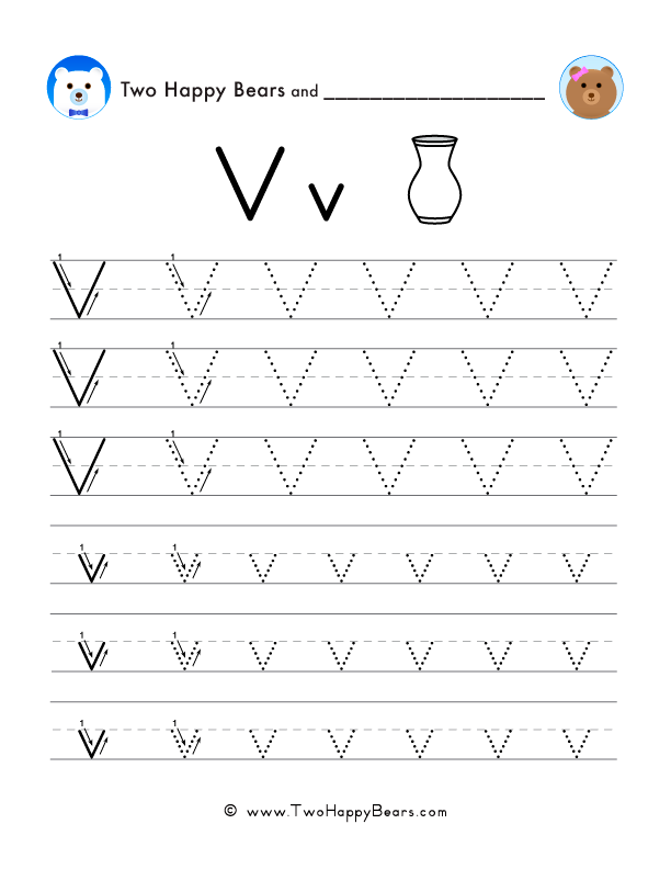 Free printable PDF worksheet to trace the letter V in uppercase and lowercase.