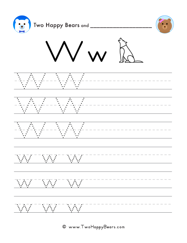 Trace and write the letter W in uppercase and lowercase with this free printable PDF.