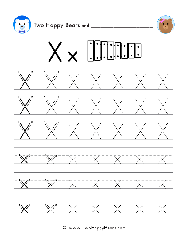 Free printable PDF worksheet to trace the letter X in uppercase and lowercase.