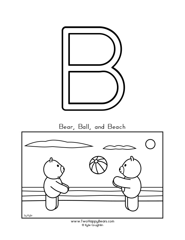 Coloring page of an uppercase letter B and the Two Happy Bears playing ball at the beach.