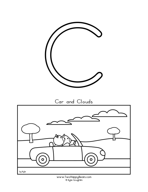 Coloring page of an uppercase letter C and the Two Happy Bears playing ball at the beach.