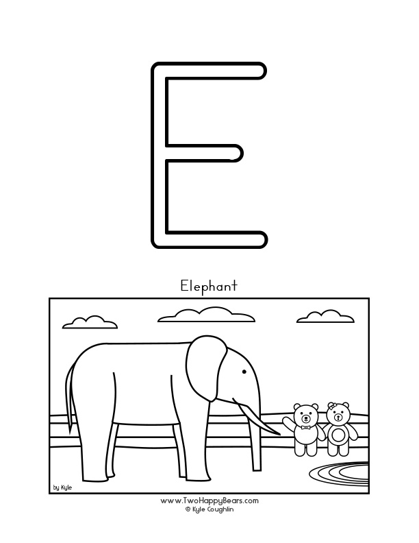 Coloring page of an uppercase letter E and the Two Happy Bears visiting an elephant.