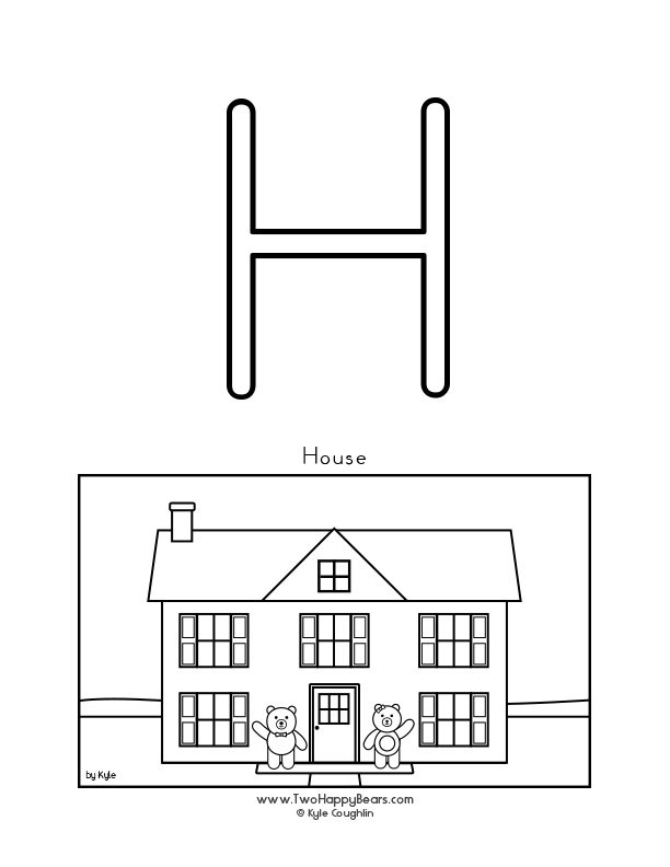 Coloring page of an uppercase letter H and the Two Happy Bears and their house.