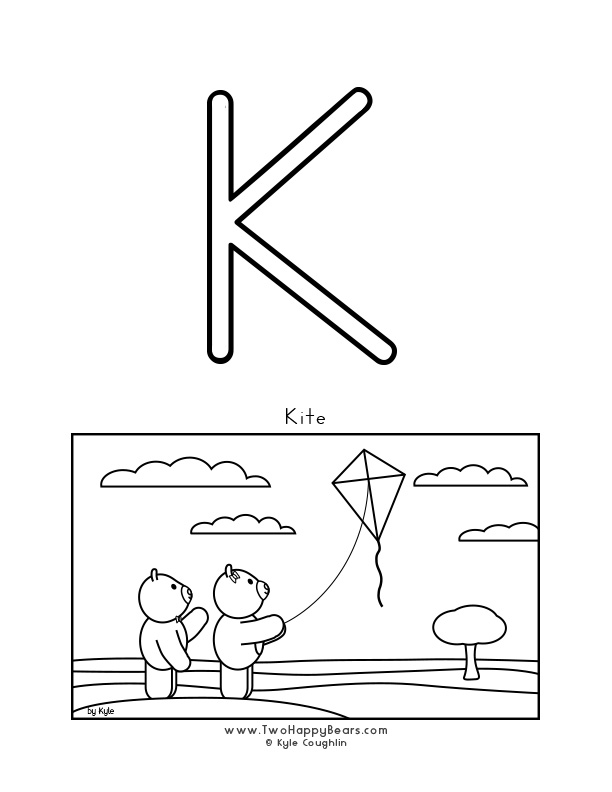 Coloring page of an uppercase letter K and the Two Happy Bears flying a kite.