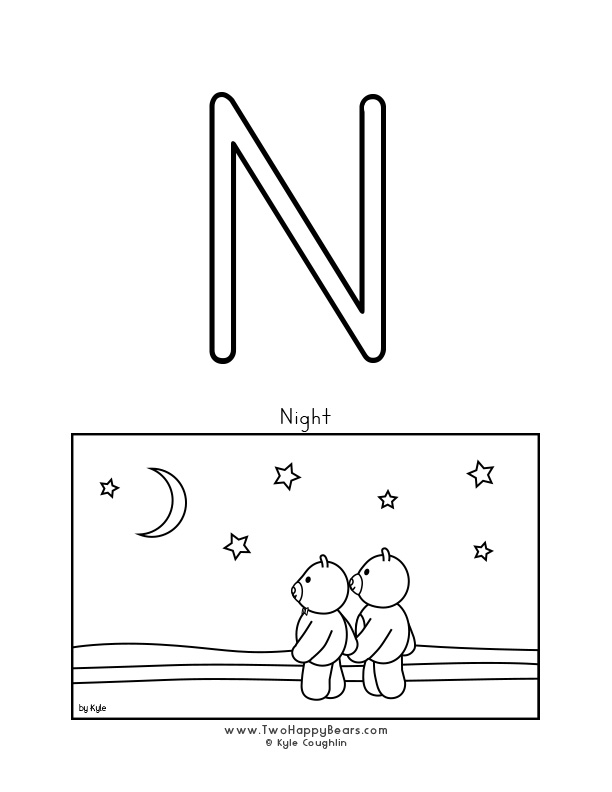 Coloring page of an uppercase letter N and the Two Happy Bears and a night sky.