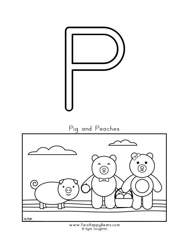 Coloring page of an uppercase letter P and the Two Happy Bears giving peaches to a pig.