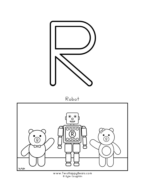 Color the letter R, upper case, and color the Two Happy Bears and their robot friend. Free printable PDF.