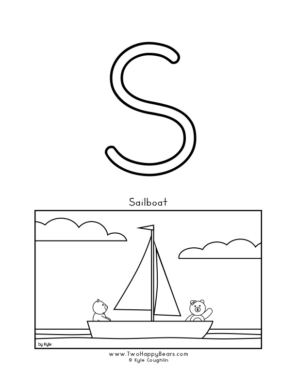 Coloring page of an uppercase letter S and the Two Happy Bears in a sailboat.