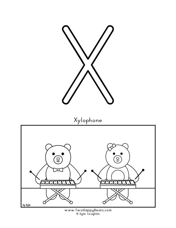 Coloring page of an uppercase letter X and the Two Happy Bears playing the xylophone.