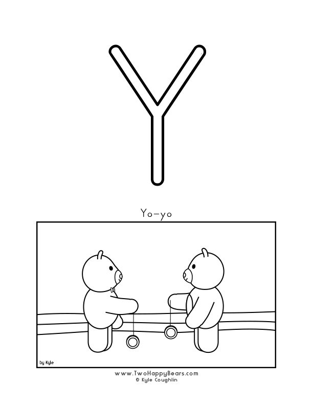 Color the letter Y, upper case, and color the Two Happy Bears playing with yo-yos. Free printable PDF.