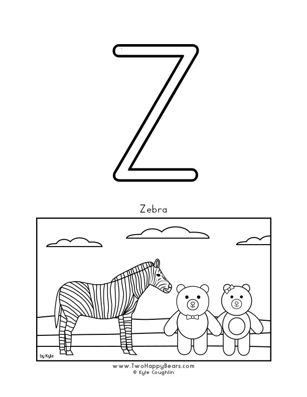 Color the letter Z, upper case, and color the Two Happy Bears visiting a zebra. Free printable PDF.