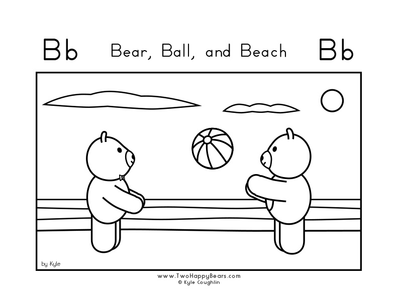 Coloring page of the Two Happy Bears playing ball at the beach.