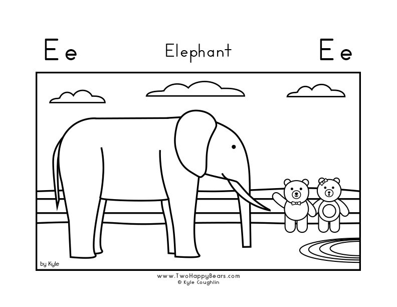 Color the letter E with the Two Happy Bears visiting an elephant