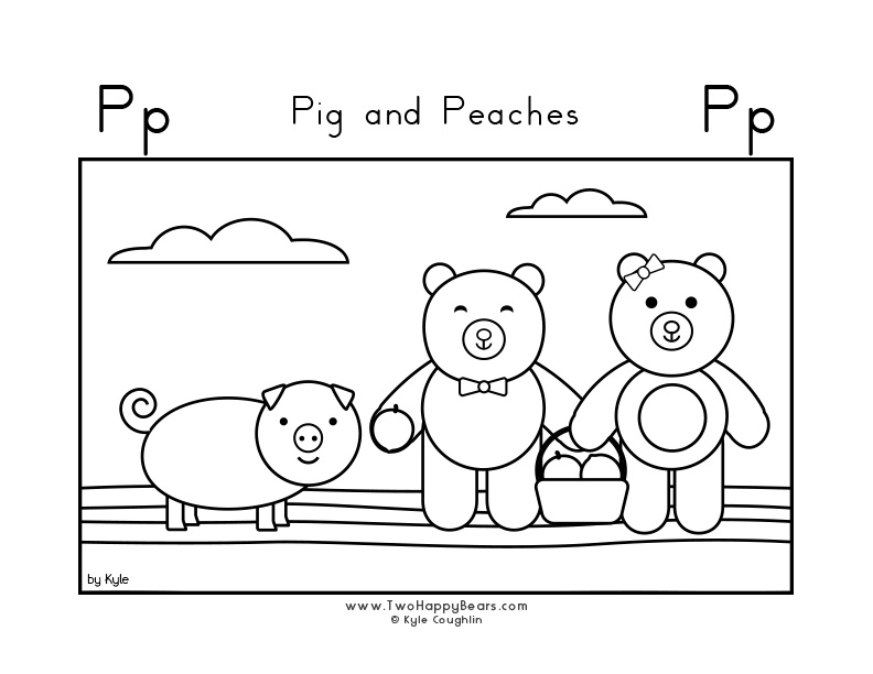 Coloring page for learning the letter P, with a picture of Fluffy and Ivy picking pumpkins with a pig, in a large landscape view, in free printable PDF format.
