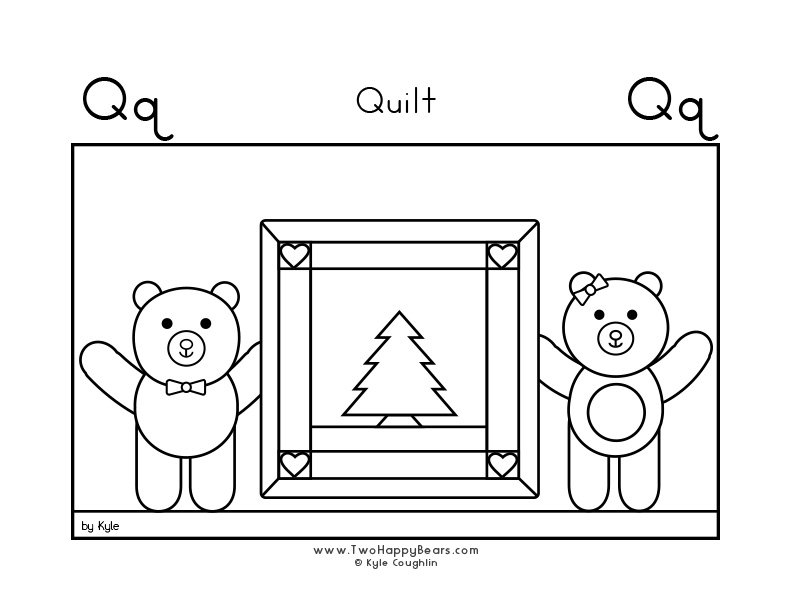 Coloring page for learning the letter Q, with a picture of Fluffy and Ivy quietly sleeping under their quilts, in a large landscape view, in free printable PDF format.