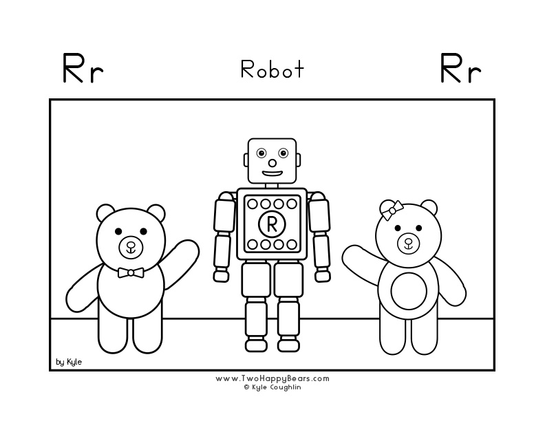 Coloring page for learning the letter R, with a picture of Fluffy and Ivy and their robot friend, in a large landscape view, in free printable PDF format.