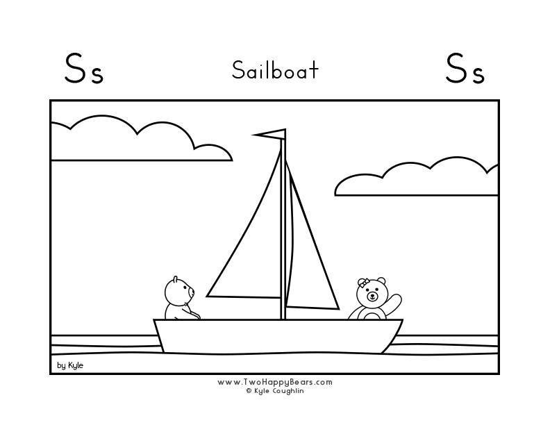 Coloring page for learning the letter S, with a picture of Fluffy and Ivy on a sailboat, in a large landscape view, in free printable PDF format.
