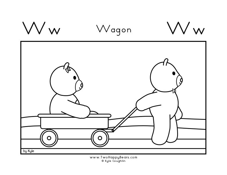 Coloring page for learning the letter W, with a picture of Fluffy pulling Ivy in a wagon, in a large landscape view, in free printable PDF format.